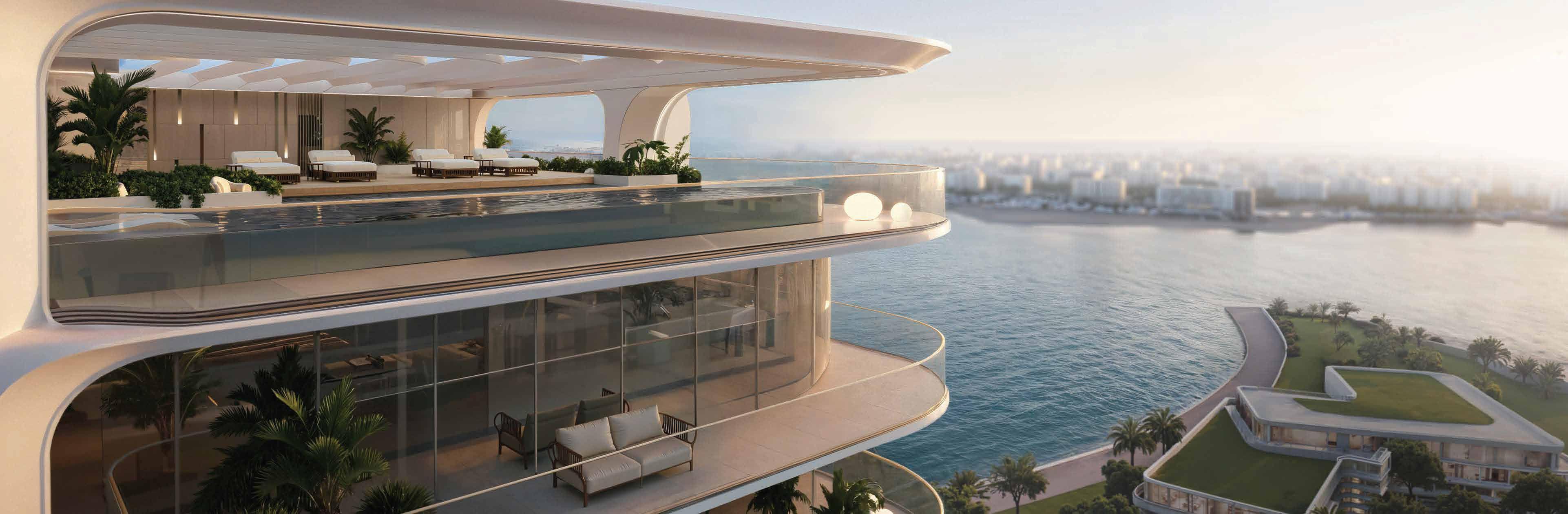 Luxury outdoor pool and terrace area in Stellar by Elie Saab community, Abu Dhabi.