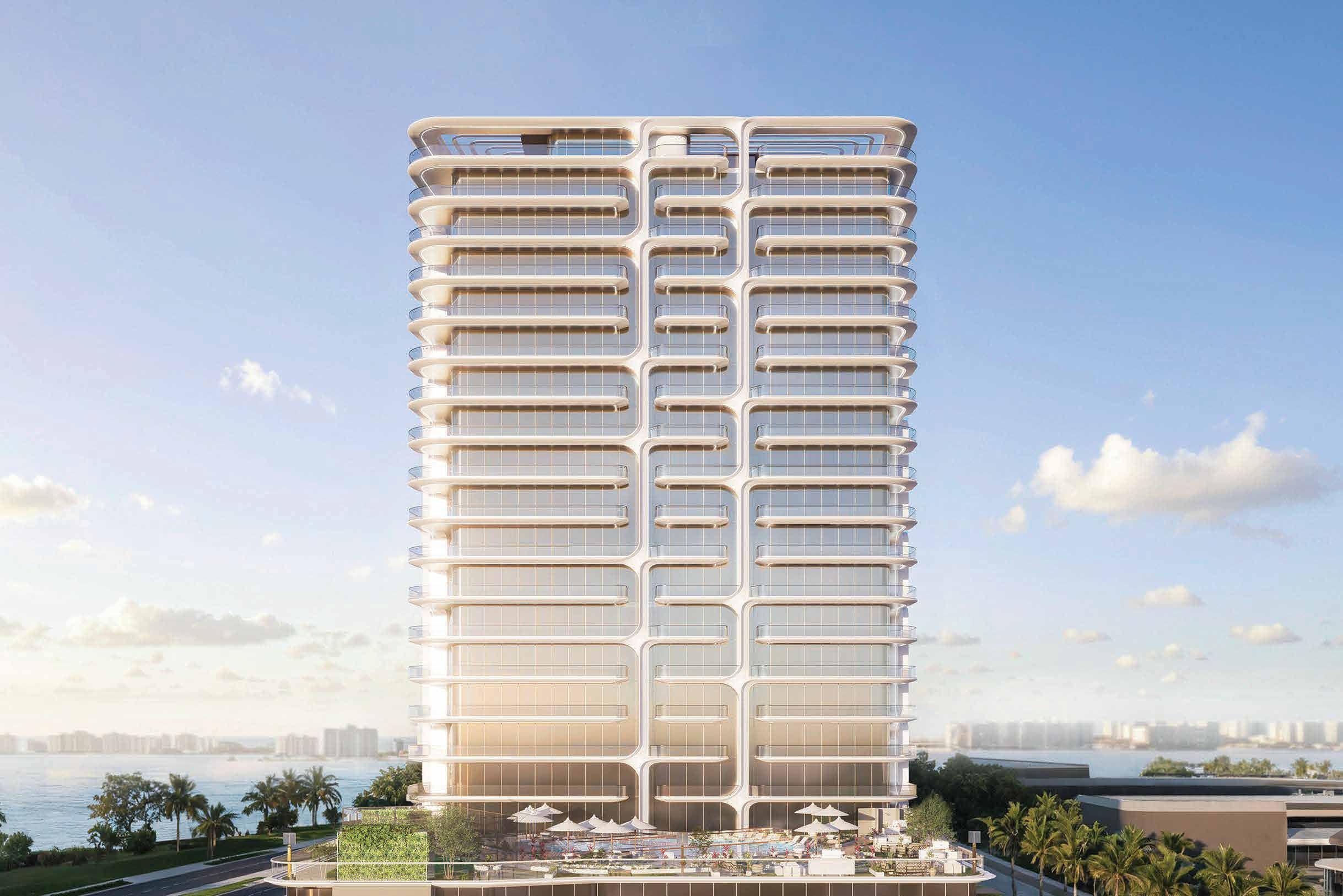 Front view of Stellar by Elie Saab Yas Island residential building highlighting sculpted architecture.